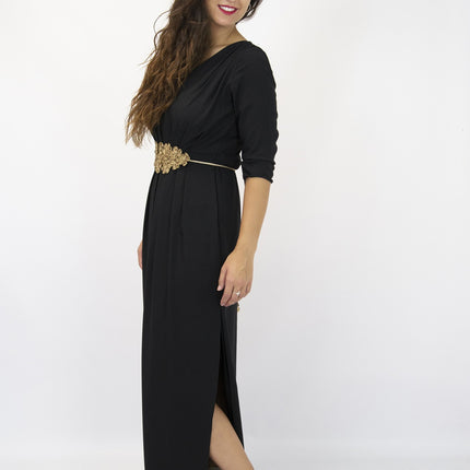 Vestido largo de mujer para fiesta con abertura lateral y manga francesa color negro