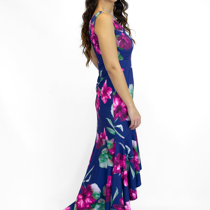 Vestido largo de mujer en neocrep para fiesta con bajo asimétrico y maxi flores en color a. marino