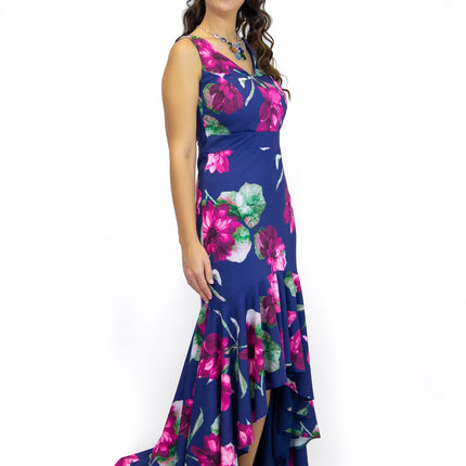 Vestido largo de mujer en neocrep para fiesta con bajo asimétrico y maxi flores en color a. marino