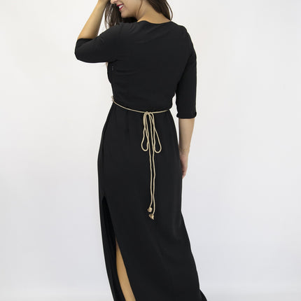 Vestido largo de mujer para fiesta con abertura lateral y manga francesa color negro