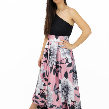 Vestido largo escote asimétrico falda flores
