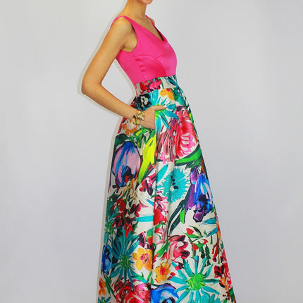Vestido largo mujer con escote de pico para fiesta estampado floral satinado en varios colores